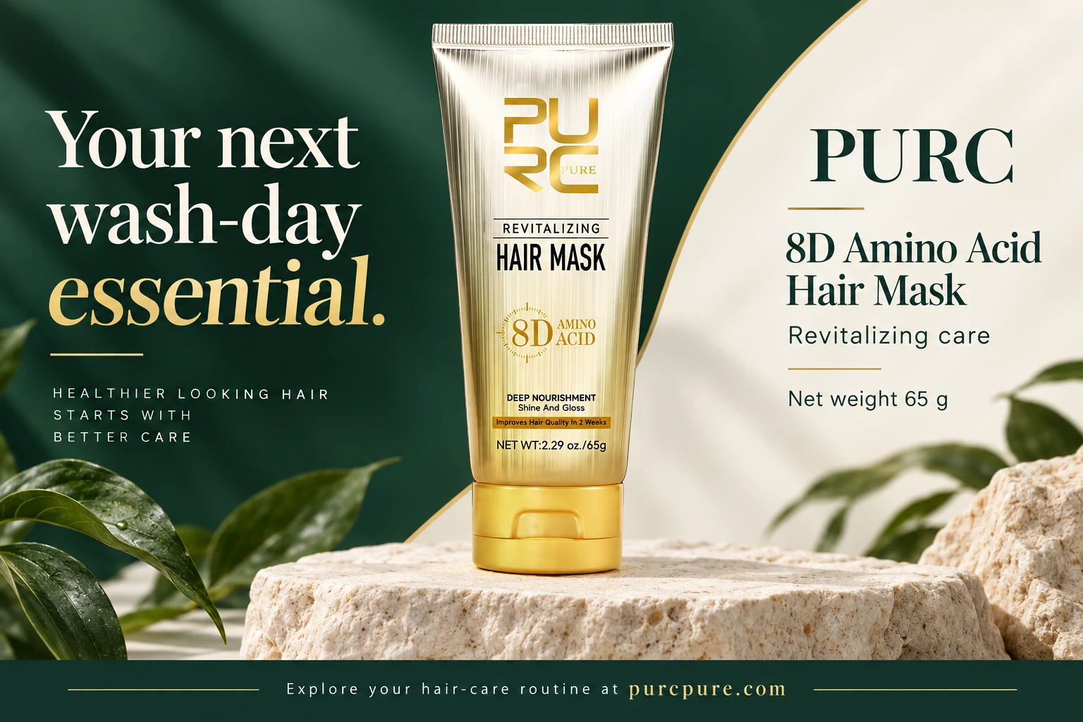 PURC 8D Amino Acid Hair Mask product banner showing the gold tube and 65g net weight