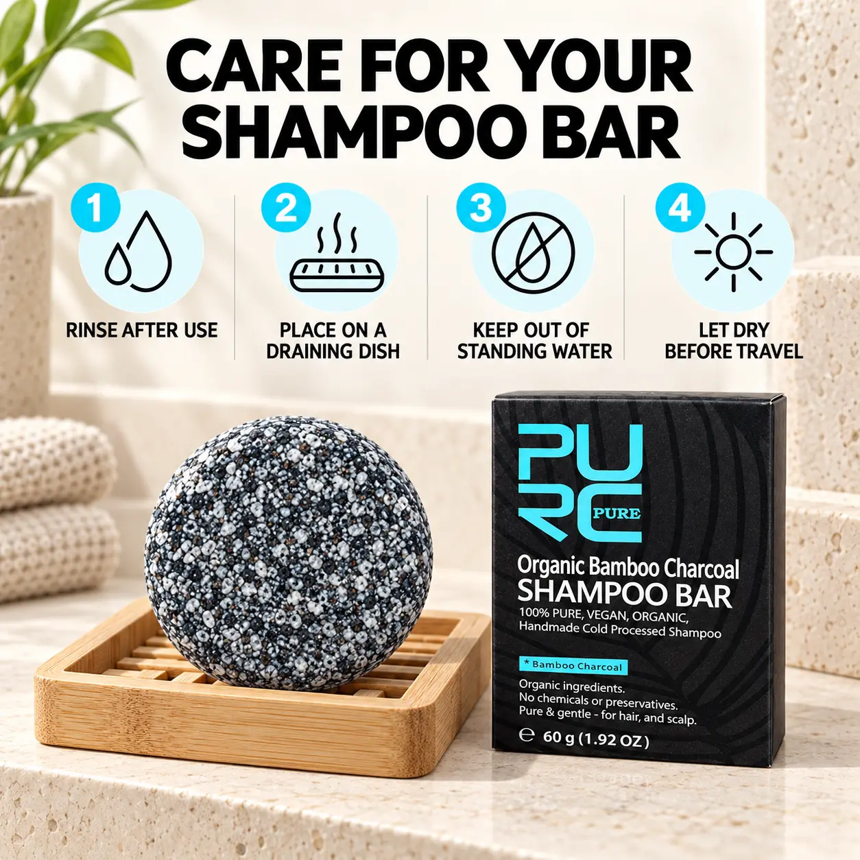 How to store and care for PURC Bamboo Charcoal Shampoo Bar between uses