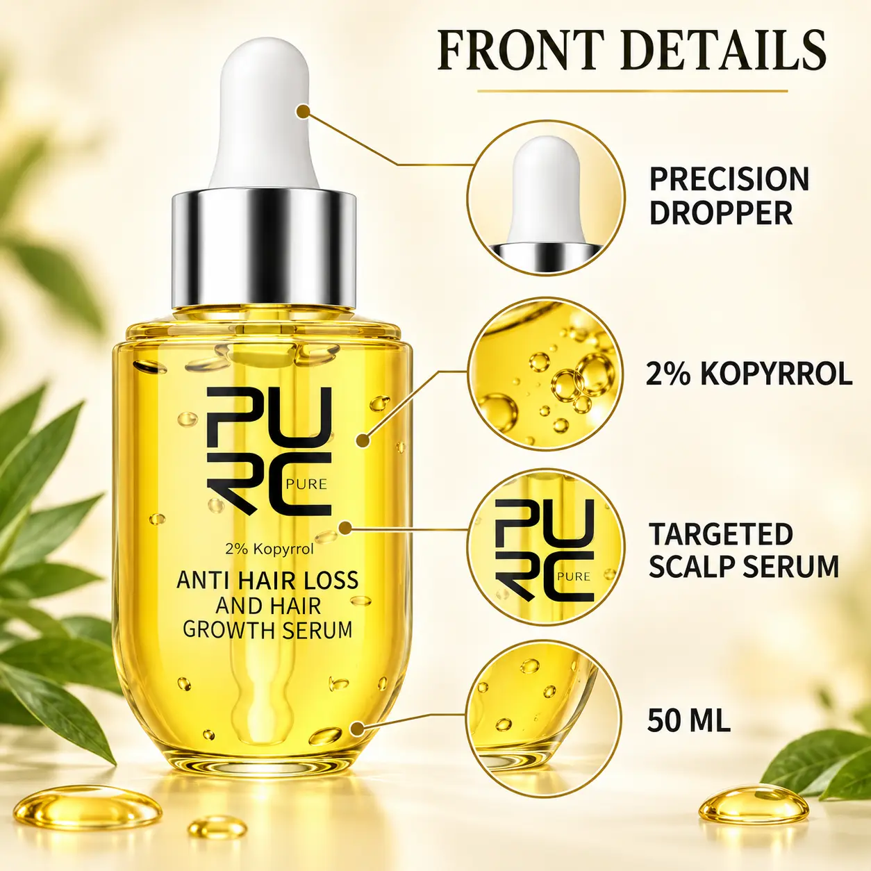 Front details of PURC hair growth serum highlighting 2 percent Kopyrrol 50ml size and dropper