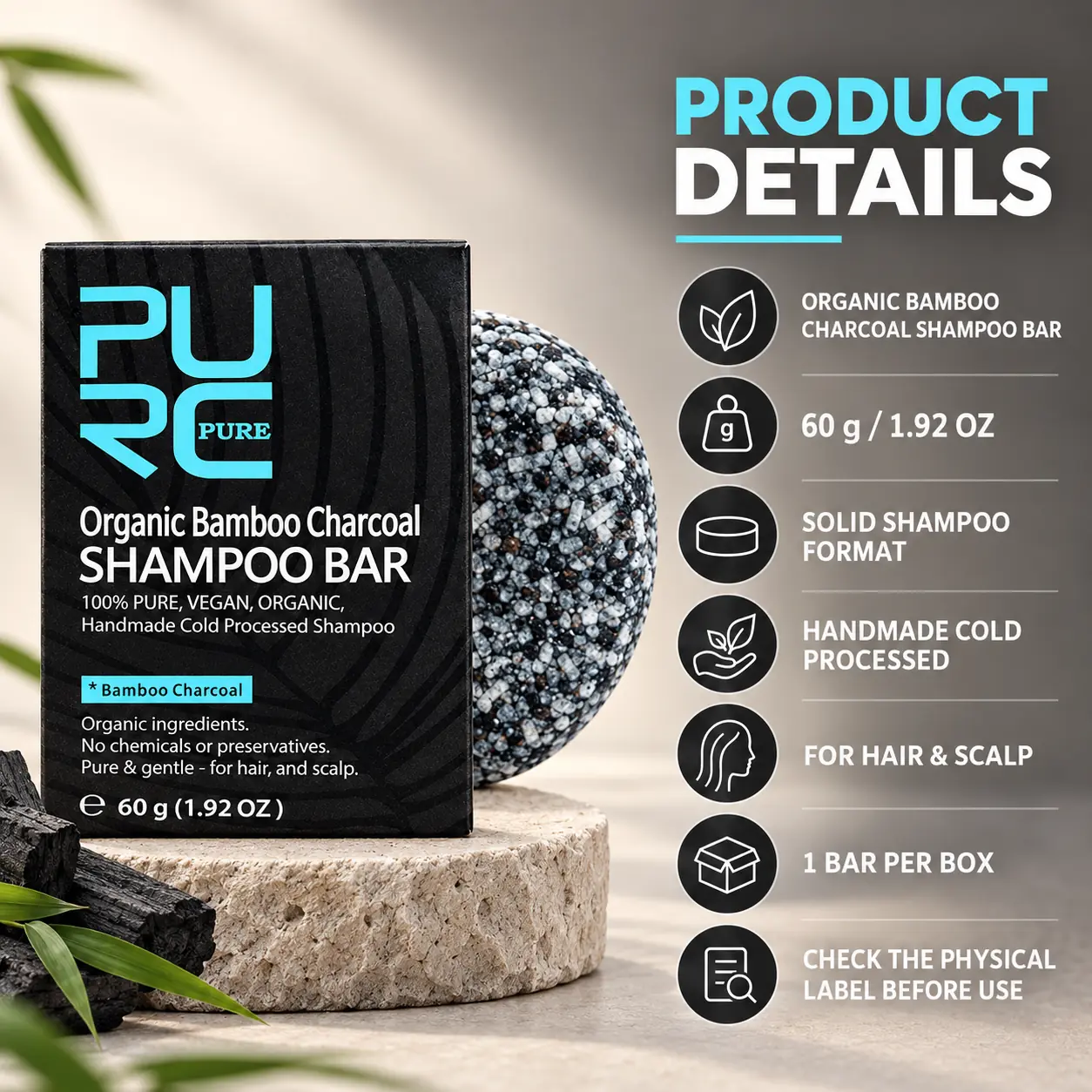 PURC Bamboo Charcoal Shampoo Bar product details including solid 60g format