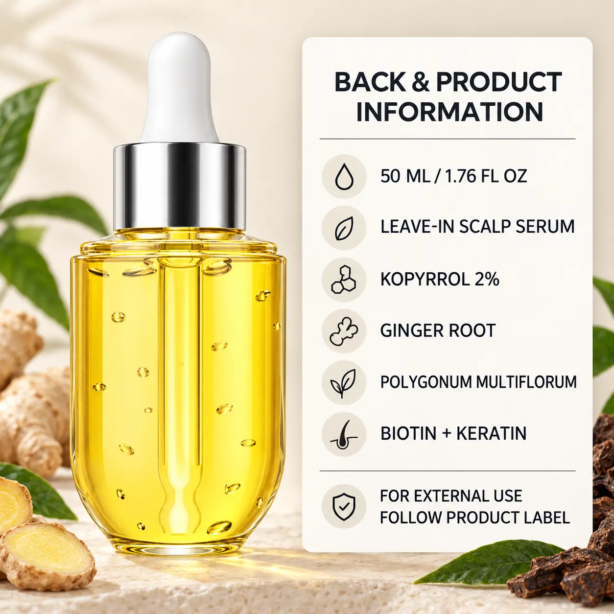 Rear view of PURC hair growth serum beside 50ml product and ingredient information