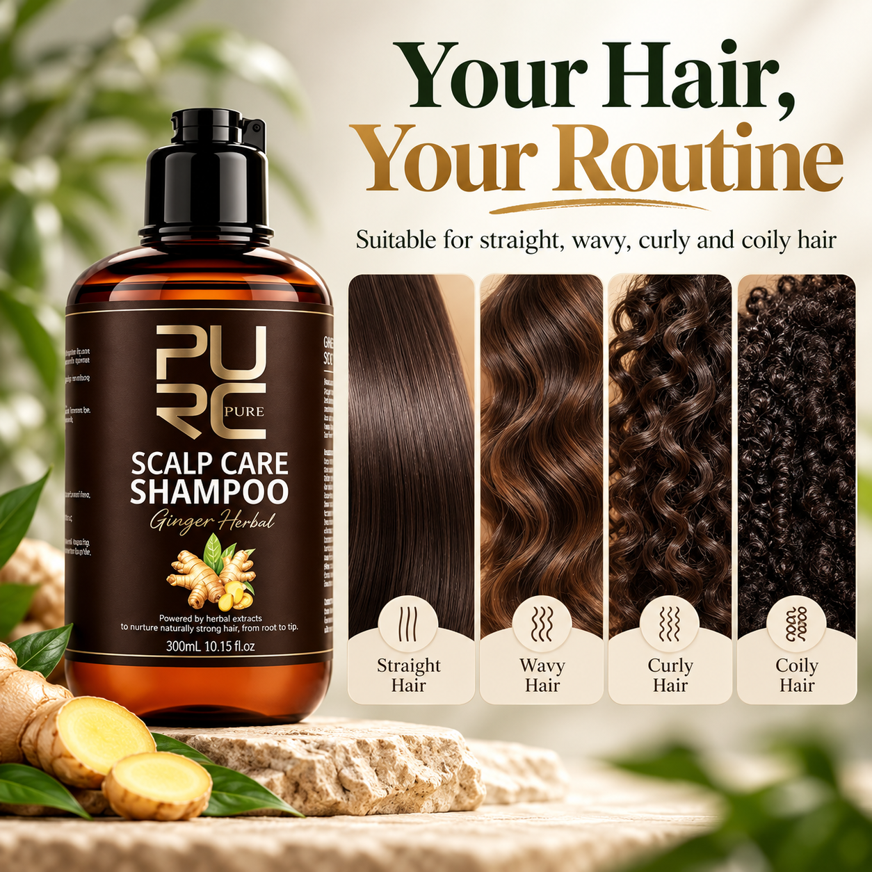PURC Ginger Herbal Scalp Care Shampoo for straight wavy curly and coily hair