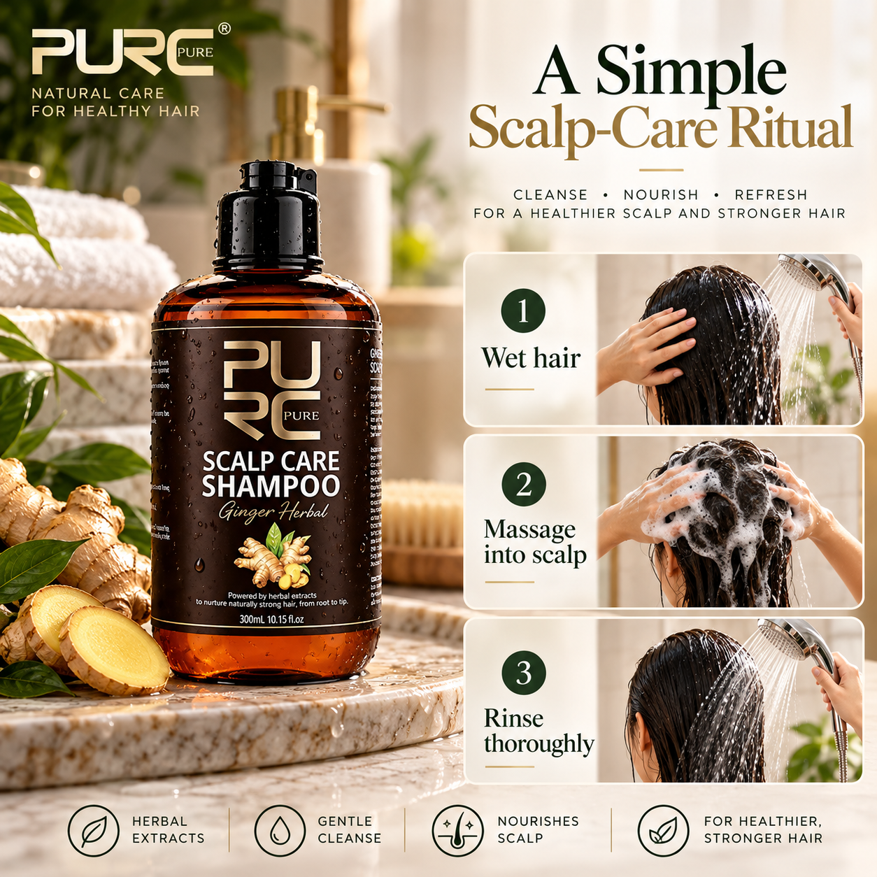 How to use PURC Ginger Herbal Scalp Care Shampoo in a scalp care routine
