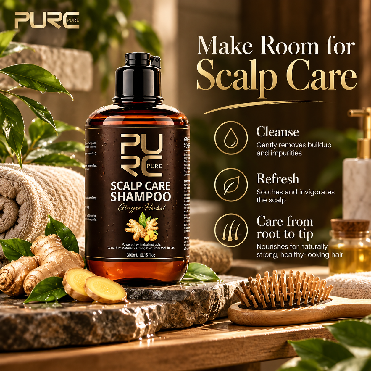 PURC Ginger Herbal Scalp Care Shampoo for gentle cleansing and root to tip care