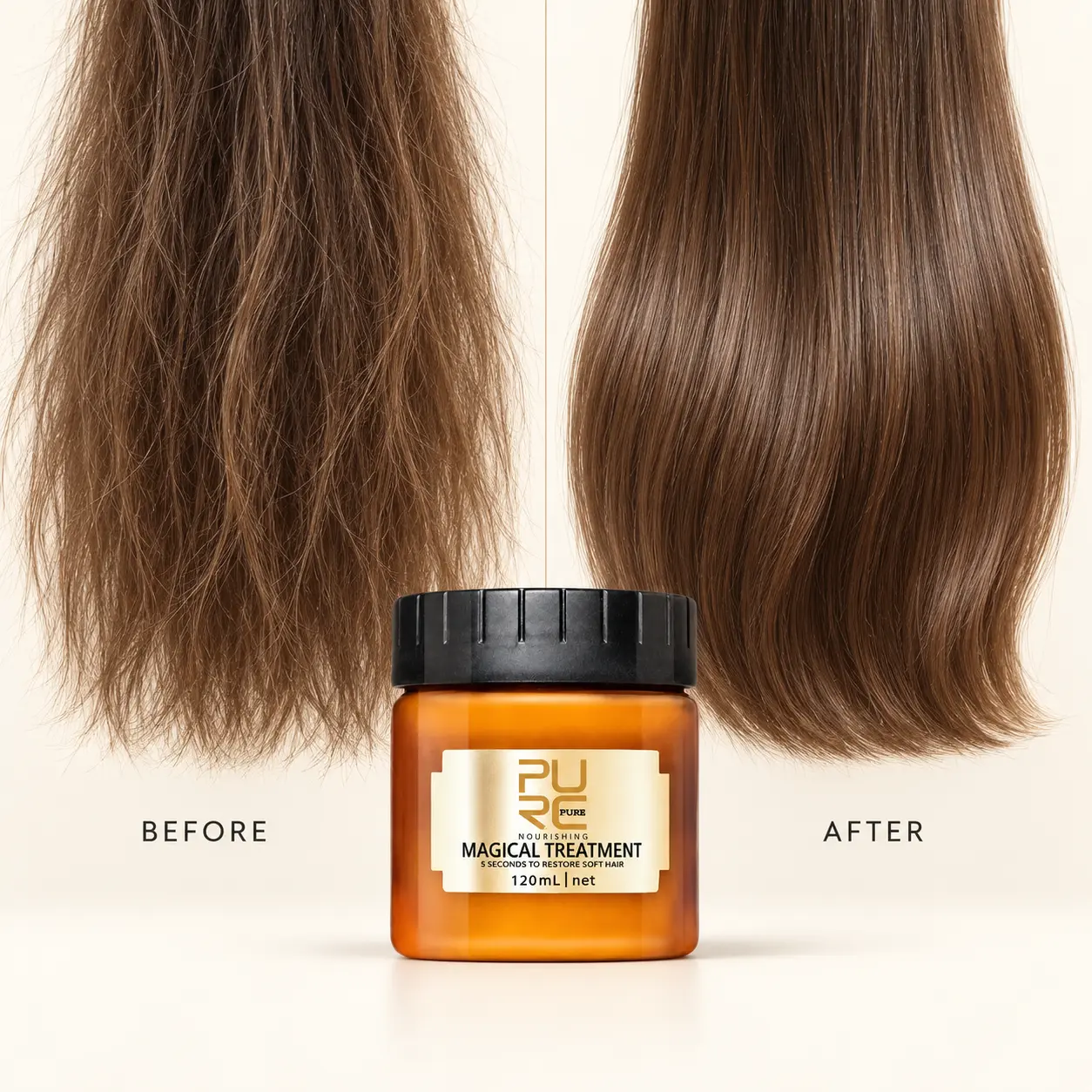PURC Magical Treatment Hair Mask before and after visual showing rough and smoother-looking hair