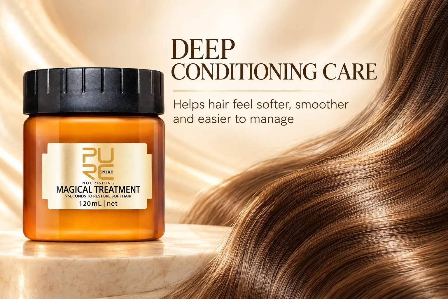PURC Magical Treatment Hair Mask deep conditioning banner beside smooth-looking hair strands