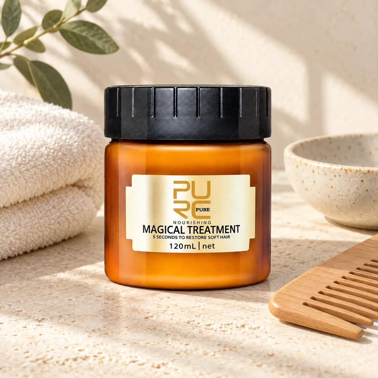 Hands applying PURC Magical Treatment Hair Mask to wet hair lengths with jar in foreground