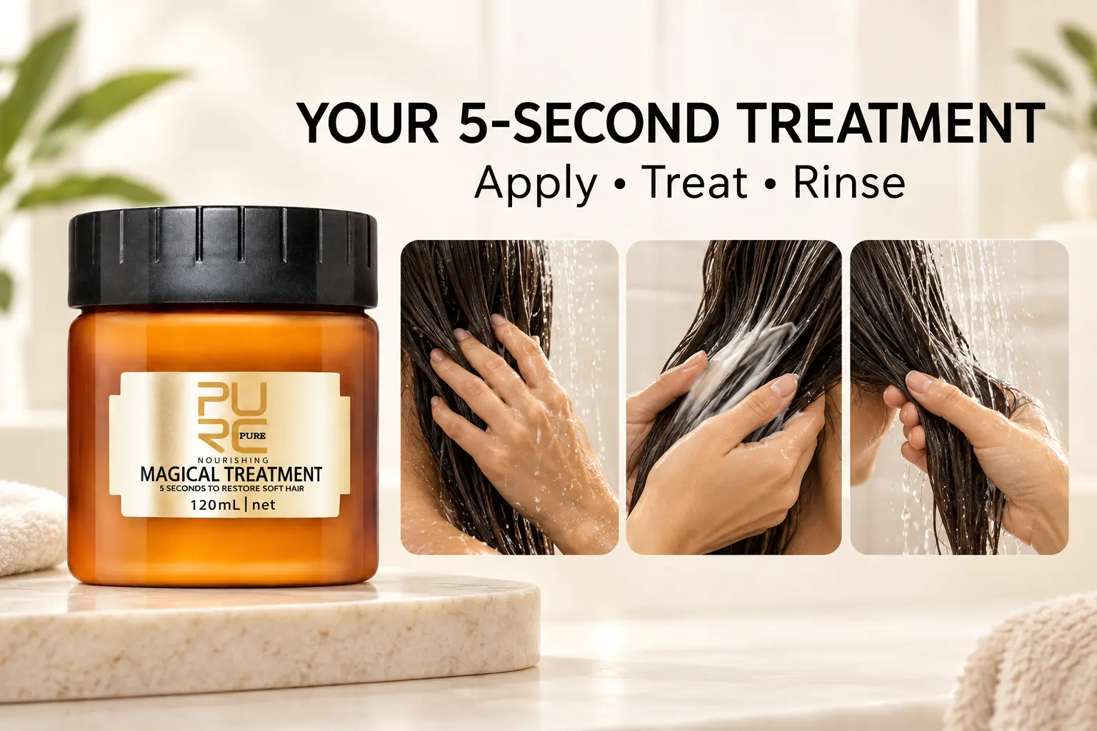 PURC Magical Treatment Hair Mask how-to-use banner showing apply, treat and rinse steps